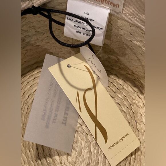 NWT Women’s Cream/White 100% Paper Wide-Brim Sun Hat by Collection 18 w/ Bow - Picture 3 of 7